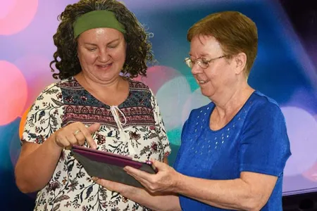 Program facilitators Wendy Taleo and Sue Tucker. Background image Rodion Kutsaev.