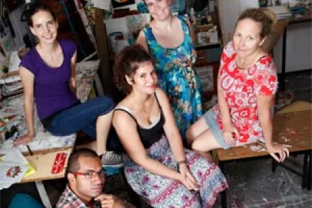 From left: CDU Bachelor of Visual Arts students Serge Ah-Wong, Emma McClellan, Valanti Patmios, Kate Perren Smith and Liz Grylls