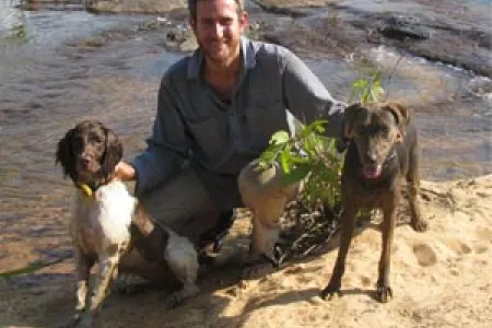 AWC’s Hugh McGregor has been using Sally (L) and Brangul (R) for his feral cat research in the Kimberley, with great success. Credit – Terry Mahney