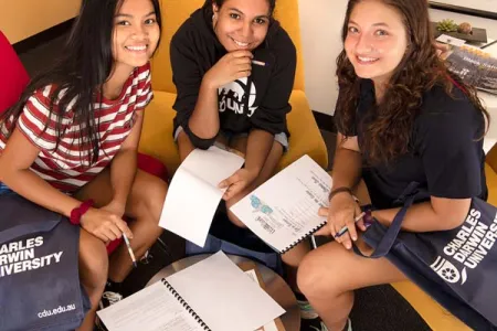 From left – Katherine High School’s Rias Alviani, Centralian Senior College’s Alyssa Mason and Tennant Creek High School’s Mya Bond visited CDU recently.