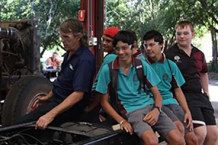 Students experience heavy vehicle training. From left: CDU Heavy Vehicle Trainer Dan Thomas, Bodeen Wilson, Lachlan Matthews , Sean Ruger, Rowan Poscado