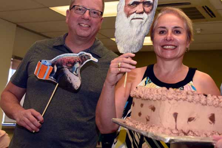 Kelly McCarthy and Teresa Schwellnus were among CDU staff to celebrate Charles Darwin’s birthday on Alice Springs campus