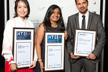  (From left): Amy Zhang, Navjot Kaur and Shree Lamichhane 