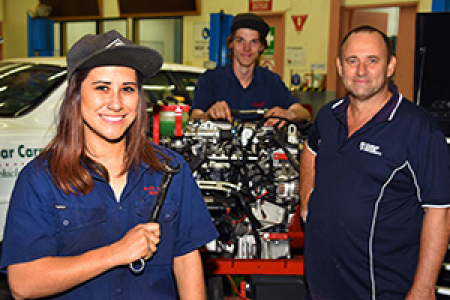 (From left): Chanel Lambert and colleague Curtis Smith take some tips from CDU Automotive Technology lecturer Bruce Kimm.