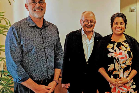 From left: Menzies School of Health Research Director Professor Alan Cass, CDU Chancellor Neil Balnaves AO and NT Government MLA Ngaree Ah Kit at the launch of Hearing for Learning.