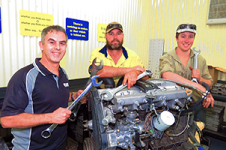 (From left) Trades Team Leader Jamie Finn and Country Diesel apprentice mechanics David Johnston and John Bull.