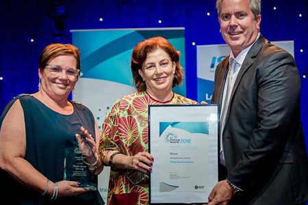 From left: Executive Director VET Education Innovation Kim Hawkins, Pro Vice-Chancellor Christine Robertson and Hastings Deering Regional Manager Brad Scholz at the NT Training Awards.