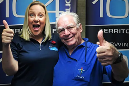 104.1 Territory FM Breakfast presenter Mel Little and Legacy NT president Jack Hamilton