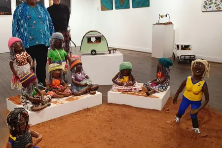 Margaret Palmer (left) and Vicki Crowley with their papier-mâché works. Image courtesy Alan O’Connor.