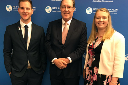 Deputy Vice-Chancellor Andrew Everett (centre) with New Colombo Plan Scholarship recipients Joel Kennaway and Jessica Kelly. 