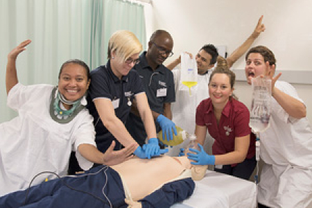 (From left) Darmi Messakh, Alix Burke, Farmo Siryon, Dev Lamichhane, Health lecturer Lisa Barton and Simone Byrne practice performing CPR to the beat of Bee Gees’ hit Stayin’ Alive ahead of Open Day on Sunday, 20 August.