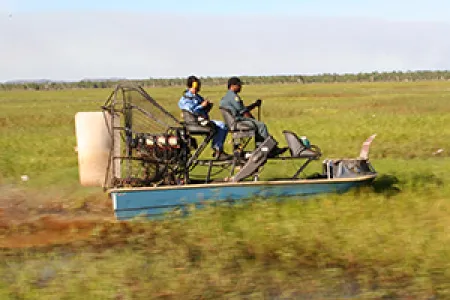 From left: RIEL PhD graduand Dr James Boyden and Kakadu National Park ranger Dwayne Wauchope at the Magela Creek Floodplain. Photo: Duncan Buckle