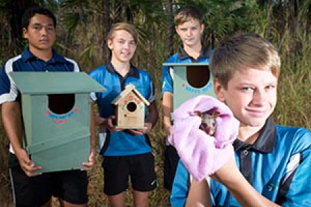 Year Nine students donate possum houses to local environment groups. From left: Rosebery Middle School Year Nine students, Darrien Niehsner, Riley Tucker, Bailey Little, Quinn Laughton