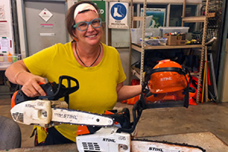 Horticulture lecturer Robyn Wing casts a cautious eye over some of the training equipment.