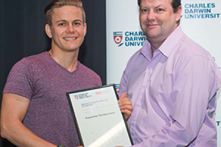 Augustine Thorbjornsen, winner of the Westpac Young Technologists Scholarship in 2016, with Head of the School of Psychological and Clinical Sciences Professor Timothy Skinner