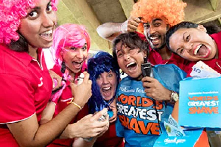 Student Ambassadors Dewmi Imaduwa, Nancy Soliman, Hannah Hearne, Aarati Sapkota, Russel Kundu and Luz Ilad prepare for the World’s Greatest Shave. Photo: Julianne Osborne