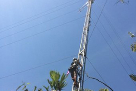 CDU researcher Michael Brand climbs the 40-metre tower at the Litchfield SuperSite