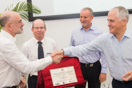 Menzies School of Health Research Director Professor Alan Cass, Charles Darwin University Vice-Chancellor Professor Simon Maddocks, Northern Territory Minister for Health John Elferink and the Honourable Malcolm Turnbull, MP, Prime Minister of Australia.