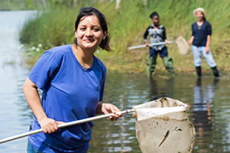Environmental management students at Girraween Lagoon, from left: Sonam Adhikari Rana, Temitope T Faniran and Aravndeep Kaurjandhu