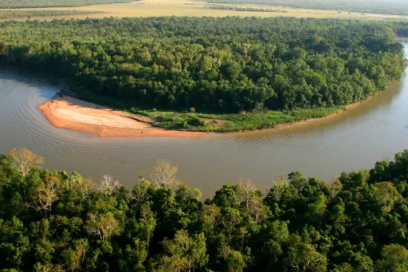 Aerial view of a bend in the Daly River with forest on both sides