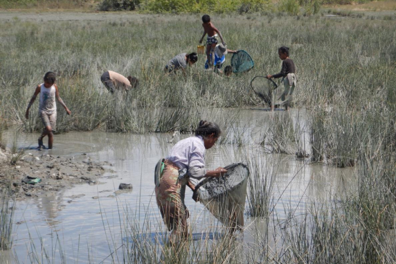 Women and children working in wetland