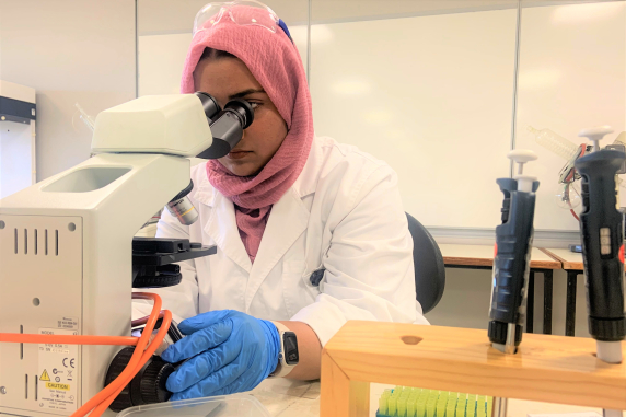 Medical Laboratory Science student Hajrah in the lab at Casuarina campus