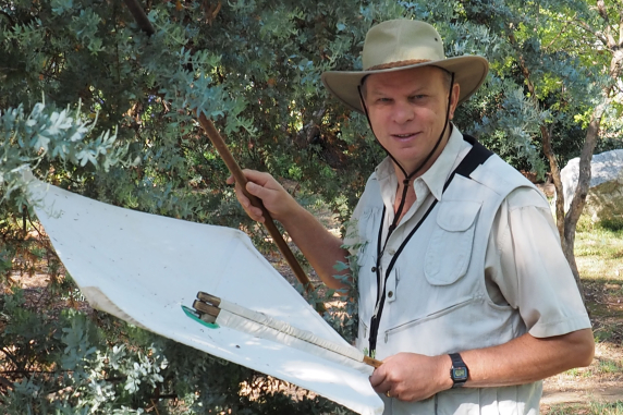 Rolf Oberprieler, wearing a hat, standing in front of a tree with a small white sheet and a stick