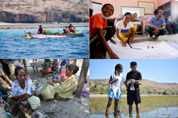 4 images showing Timorese people doing things in various places