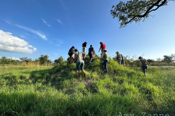 nine people climbing up a grass-covered mound