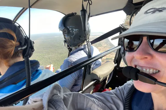 Researcher Rachel Groom in Helicopter working in Marra Sea Country