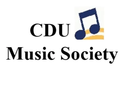“Logo of CDU Music Society with bold black text and a blue musical note symbol placed above a curved gold shape