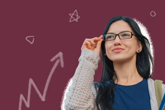 Young women looking at the distance touching her glasses