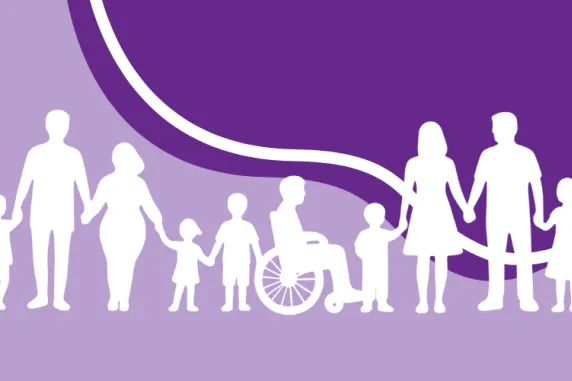shapes of families stand in front of purple background