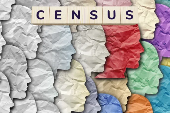 Graphic of paper faces from white to rainbow transtion with title in bold reading CENSUS