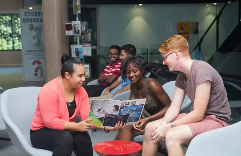 Students reading a magazine together
