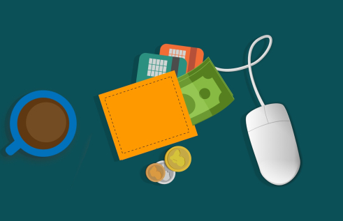 Illustration showing a money, wallet, coffee and mouse on table