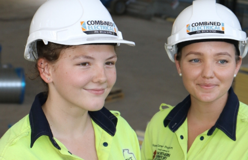 CDU VET students Stacey and Olivia wearing hard hats