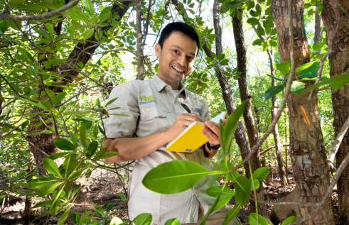 CDU student Sigit Sasmito taking research notes in the forest