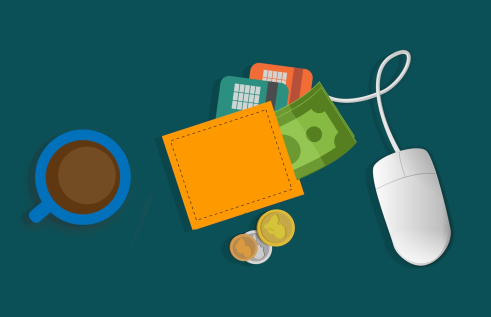 Budgeting for study graphic showing money, a wallet, a mouse and coffee