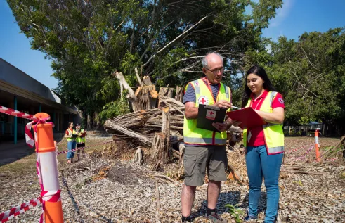 Emergency wardens beside felled tree