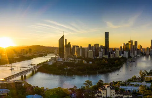 Aerial View of Brisbane City Sunset