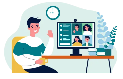 Illustration of student sitting at desk smiling and waving at others in a video call