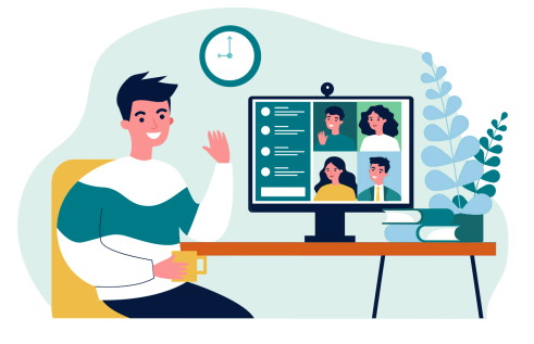 Illustration of student sitting at desk smiling and waving at others in a video call