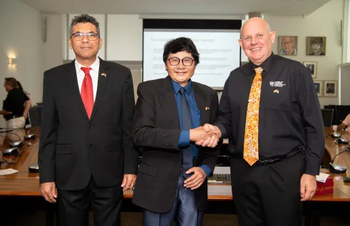 Charles Darwin University (CDU) has signed a partnership agreement with Indonesia's Hasanuddin University. Pictured: Indonesian Consul Gulfan Afero, Indonesian Ambassador His Excellency Dr Suswo Pramono and CDU Vice Chancellor Professor Scott Bowman.