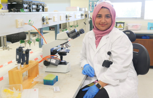 Medical Laboratory Science student Hajrah in the lab at Casuarina campus