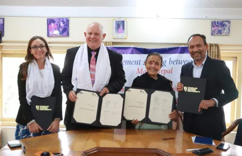 Left to right: Charles Darwin University (CDU) Executive Officer Rebecca Marrone, CDU Vice-Chancellor Professor Scott Bowman, Maiti Nepal Chairperson and Founder Anuradha Koirala and Maiti Nepal Director Bishwo Ram Khadka.