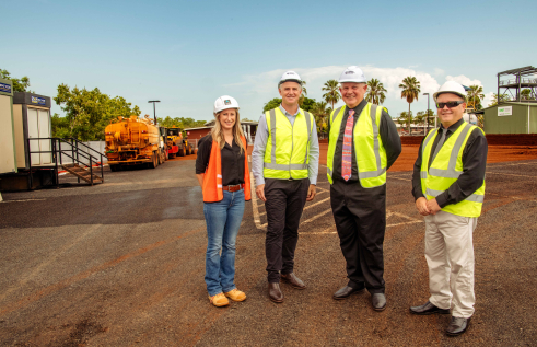 Aspire Design and Construct Executive Director Lisa Jenkinson, Minister for Skills, Training and International Education Joel Bowden, CDU Vice-Chancellor Professor Scott Bowman and CDU TAFE Chief Executive Mike Hamilton at the construction site.