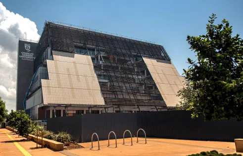 The façade of Charles Darwin University’s new city campus is complete ahead of the wet season, capping off the building’s main protection against Darwin’s tropical heat and humidity.