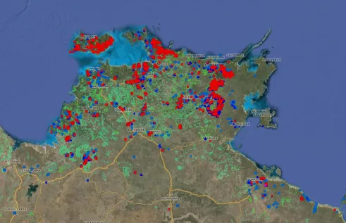 A NAFI satellite image of fires across the Top End. NAFI Thas received a $588,000 grant through the Disaster Resilience Australia Package.