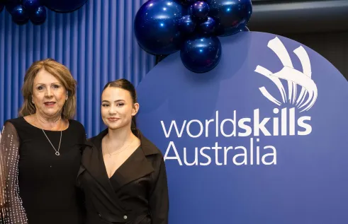 Beauty therapists pose at WorldSkills Australia event